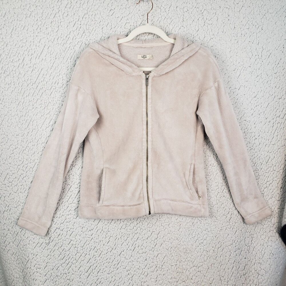 UGG Hoodie Womens XS Cozy Fleece Zip Jacket Pink Beigecore Loungecore 34x21